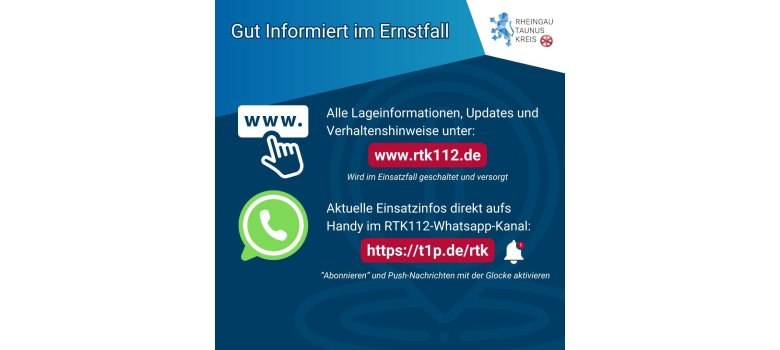 Blaues Plakat des Rheingau-Taunus-Kreises zum bundesweiten Warntag. Oben rechts ist auf weißem Hintergrund das Logo des Rheingau-Taunus-Kreises abgebildet.