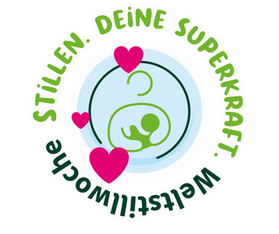 Buchstaben im Kreis, oben grün und unten schwarz und in der Mitte drei pinke Herzen und ein hellblauer Kreis, in dem als Strichmännchen in grün eine Frau, die stillt dargestellt ist.
