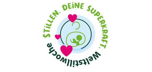 Buchstaben im Kreis, oben grün und unten schwarz und in der Mitte drei pinke Herzen und ein hellblauer Kreis, in dem als Strichmännchen in grün eine Frau, die stillt dargestellt ist.