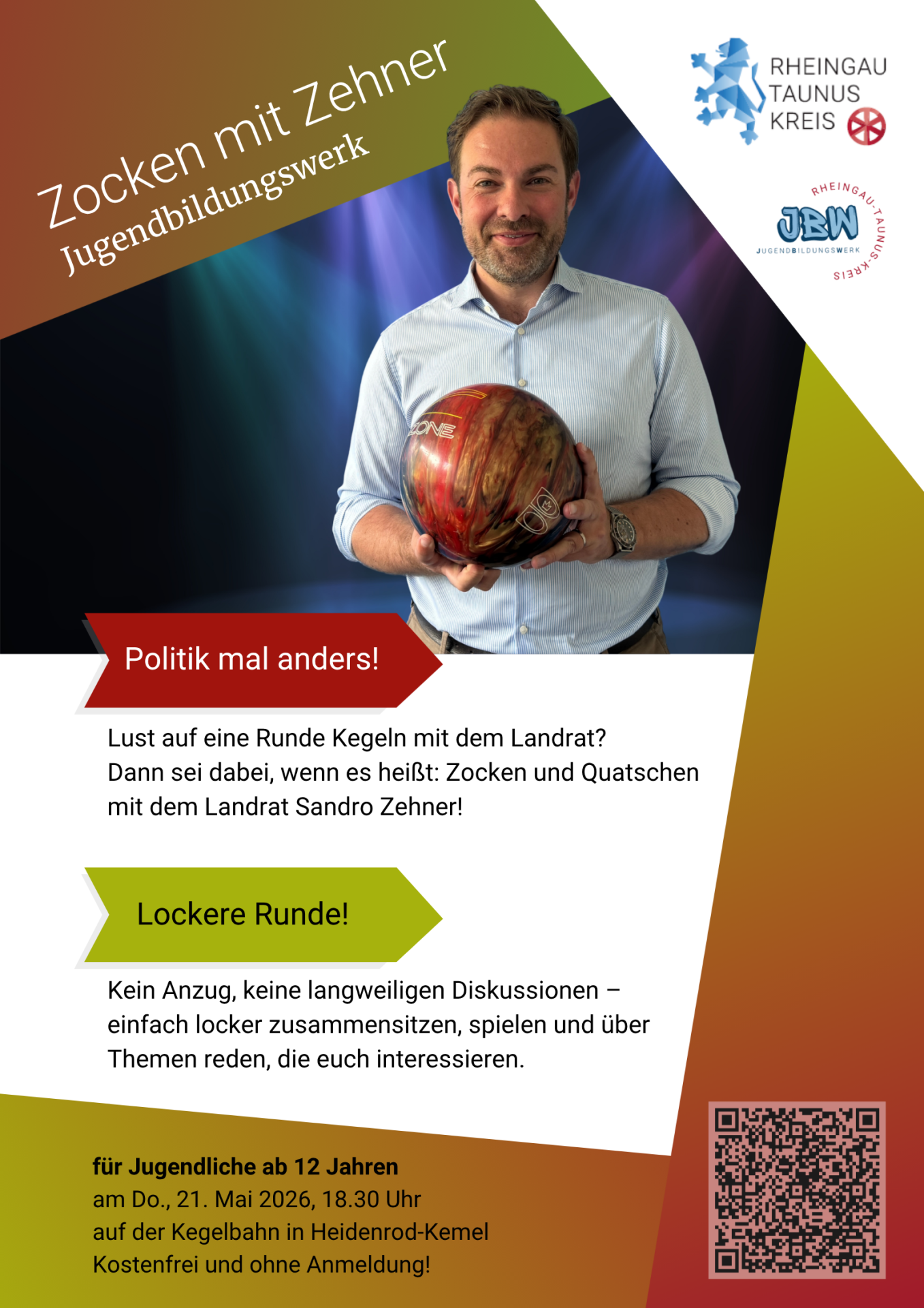 Plakatwerbung. In der oberen Hälfte  ist vor einem blauen Hintergrund ein Mann in hellblauem Hemd mit einer rot-beige-blauen Kugel in der Hand. Er hat einen Drei-Tage-Bart und brane Haare. Das Plakat hat weiße und rot-gelg-grüne Felder, in denen die Farben ineinander verschmelzen.