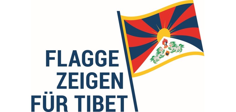 Tibetische Flagge mit rot-blauen Streifen und einer Sonne sowie zwei grün-weiße Drachen 