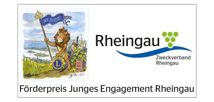 gezeichneter Löwe vor Weinbergen und dem Fluss Rhein und Symbol des Zweckverbandes Rheingau mit dem Fluss und Trauben