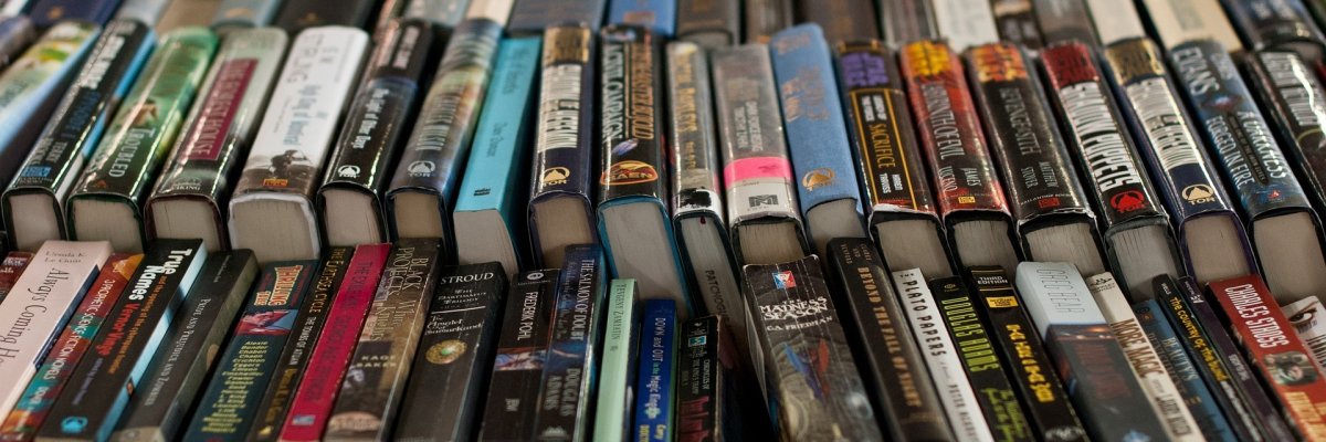 Blick von oben auf 6 Bücherreihen mit vielen Büchern.
