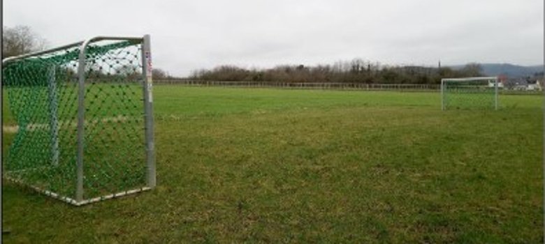 Auf einer grünen Wiese stehen zwei Fussballtore mit Metallrahmen und grünen Netzen.