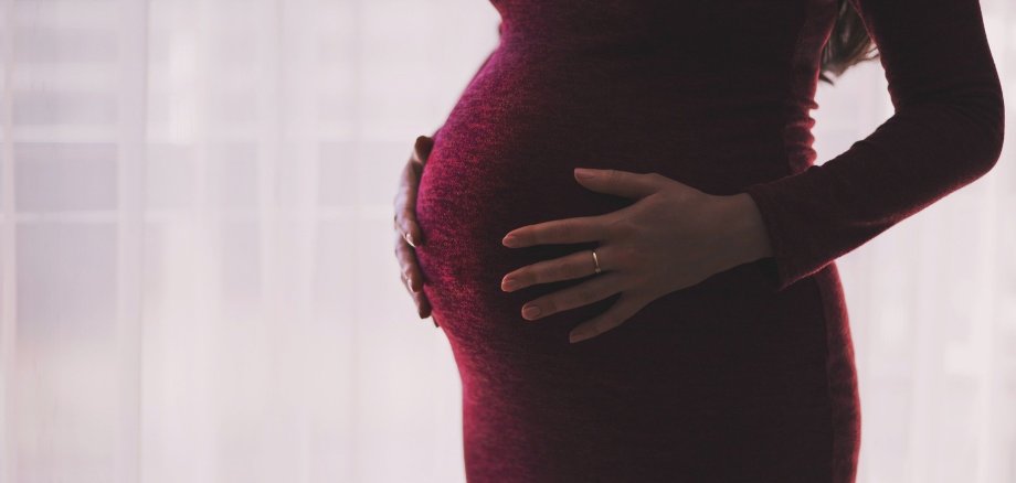 Eine schwangere Frau steht seitlich vor einem weißen durchsichtigen Vorhang. Sie trägt ein weinrotes Kleid und hält mit beiden Händen ihren Schwangerschaftsbauch. Sie trägt einen Ring am Mittelfinger und hat ihre langen Haare offen. Den Kopf und die Beine sieht man nicht.