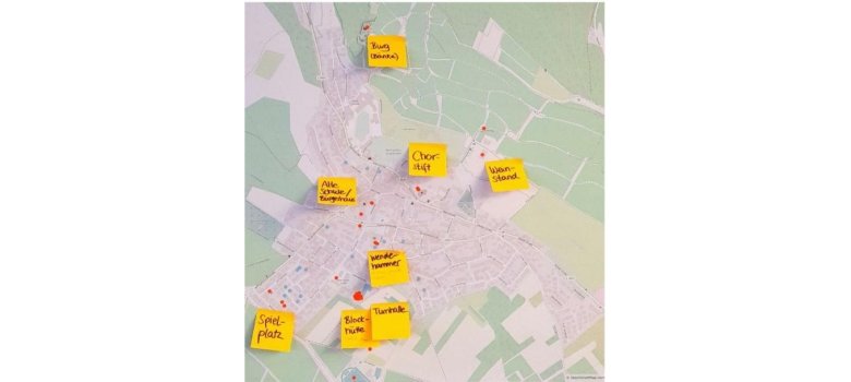 Eine Landschaftskarte, die mit gelben, beschrifteten Post-its und roten und blauen Punkten beklebt ist. 