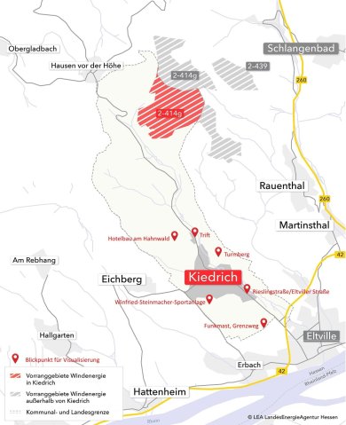 Visualisierung von Windenergieanlagen- Karte mit Ortsangaben und grau und rot schraffierten Gebieten.