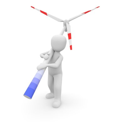Windkraftanlage Ein Männchen in weiß ohne Konturen, trägt auf der Schulter ein weißes Windrad, dass am Fuss Streifen in verschiedenen Blautönen und an den Rotatoren rote Streifen. Die HIntergrundfläche ist weiß.