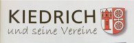 Schwarzer Text "Kiedrich und seine Vereine" auf weißem Hintergrund und rechts davon das Kiedricher Wappen mit rotem Turm auf weißem Hintergrund und weißes mit einem Kreuz verbundenem Doppelrad auf einem roten Hintergrund.  
