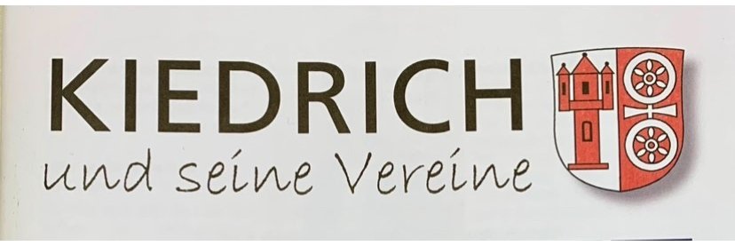 Schwarzer Text "Kiedrich und seine Vereine" auf weißem Hintergrund und rechts davon das Kiedricher Wappen mit rotem Turm auf weißem Hintergrund und weißes mit einem Kreuz verbundenem Doppelrad auf einem roten Hintergrund.  